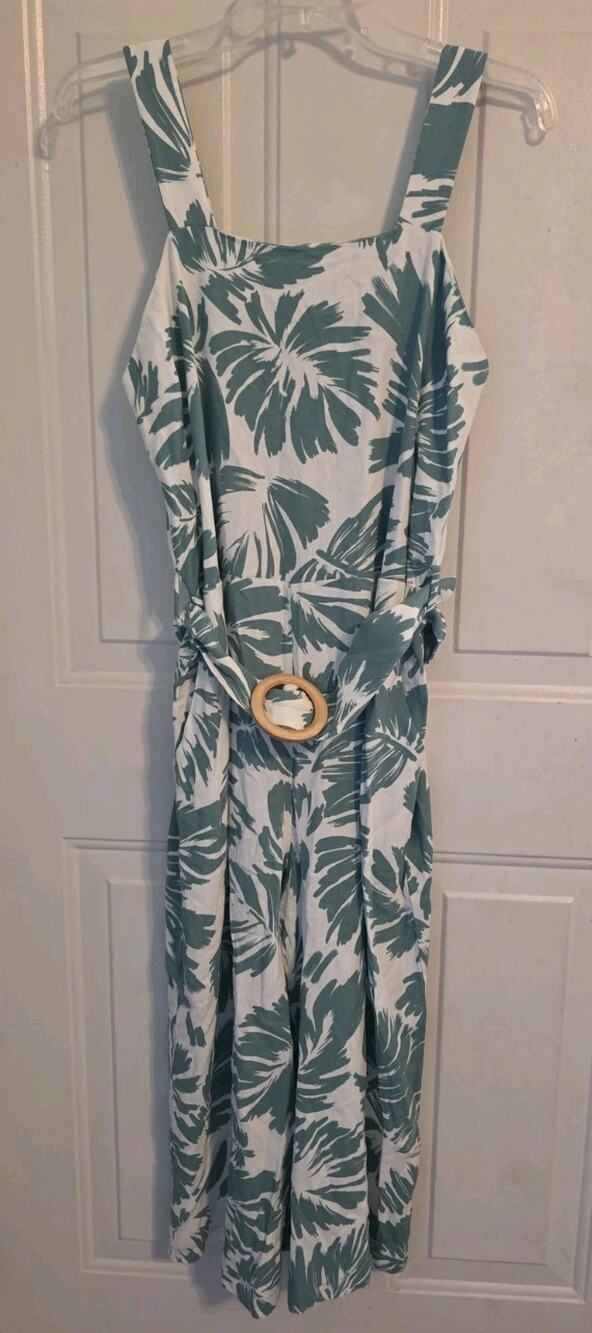 Monteau Los Angeles Floral Leaf Jumpsuit Belted Size L Wide Leg Belted Pockets